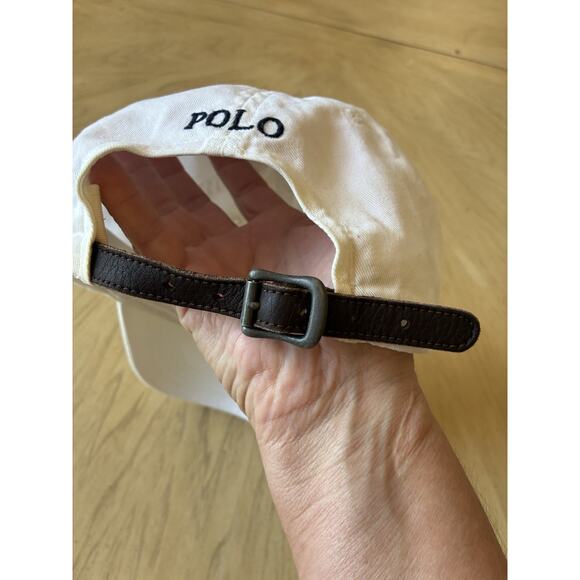 Vintage 90s Polo Ralph Lauren Hat WHITE Blue Pony Logo Leather Strap Preppy READ - Picture 14 of 14